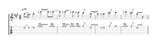 Here you're leaving the thematic approach behind for the moment and indulging in some soaring, syncopated (off beat) bends. This lick demonstrates how Freddie would make a lot happen with very few notes in the optimum place. Watch out for the vibrato in this one, it's not as easy to as it seems.